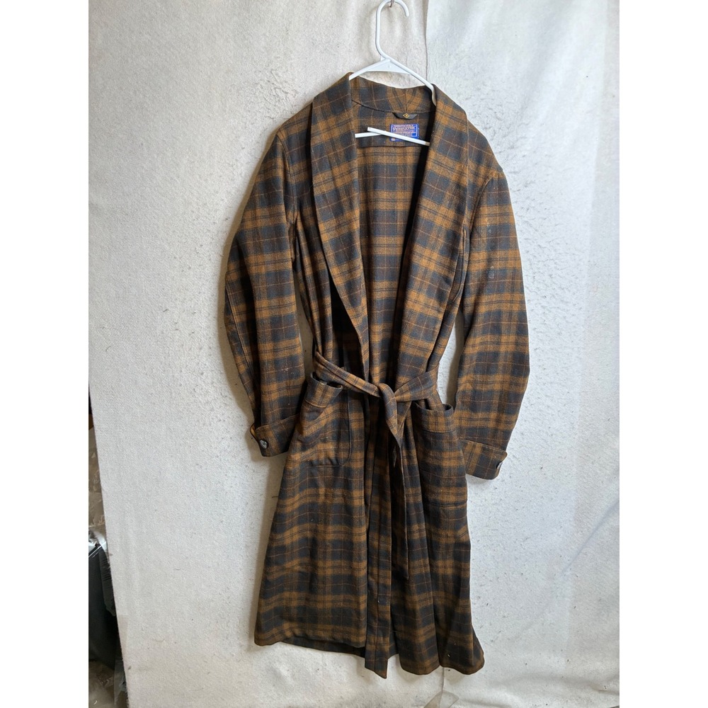 Pendleton Vintage Wool Robe Brown Plaid Virgin Wool Shawl Collar Belted Small